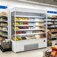 Réfrigérateur ouvert multi-étages à haute efficacité, sans givre, pour supermarchés, idéal pour le stockage de viandes et légumes en gros