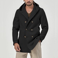 Manteau long décontracté pour homme en laine/soie, couleur unie, double boutonnage, col rabattu, à capuche, collection automne-hiver