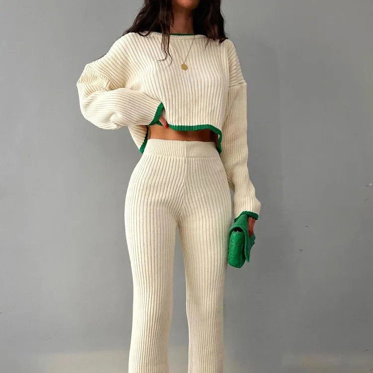 Mode Neue Strick hose Rundhals ausschnitt Kurzer Pullover Geteilter Strick pullover Anzug Damen 2-teilige Kleidungs sets