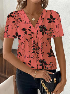 <span class=keywords><strong>Camisa</strong></span> informal para <span class=keywords><strong>mujer</strong></span> Top Stripe Print Blusa de manga corta con cuello en V para damas - Product Image 4