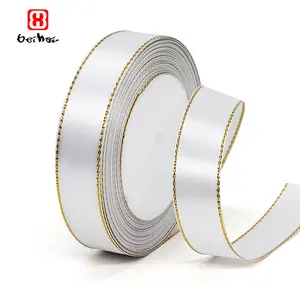 Wholesale And Retail Stocked White Color Satin Ribbons 100% Polyester Glittered Gold Edge Single Face Satin Ribbon Supplier