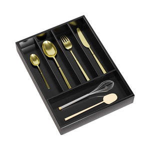 Organisateur de couverts en bambou moderne, finition laquée brillante, durable, 5 compartiments, <span class=keywords><strong>tiroir</strong></span> à couverts, rangement multifonction - Product Image 1