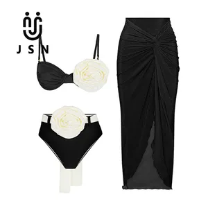 Jsn 2024 Nieuw Design Badpak Zwemkleding Met Hoge Taille 3d Bloem Driedelige Bikini Set Met Sarong