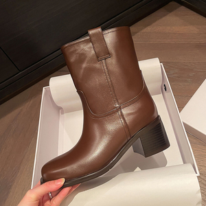 Botines de cuero genuino marrón, botas adelgazantes para mujer, tacones gruesos de suela gruesa y altura no por encima de la rodilla, botas largas - Product Image 6