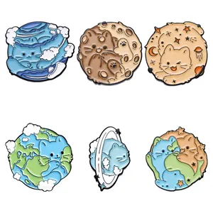 Cartoon Cat Enamel Pins Earth Planet Waves Brooch Clothes Backpack Lapel Badge Wholesale Price Pin Geometric Accessories Jewelry