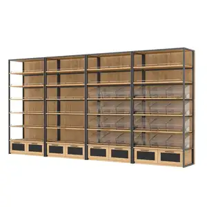 Convenience Store Food Shop Wooden Panel Retail Display Shelves Supermarket Gondola Rack