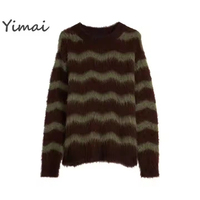 Pull élégant pour homme YIMAI, vêtements pour homme personnalisés, pull ample, style vintage, rayé, pull en mohair duveteux, pull de luxe pour homme