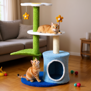 Albero per gatti da 87,6 cm a 4 livelli con casetta e tiragraffi per gatti, per il gioco all'interno, design floreale blu - Product Image 2