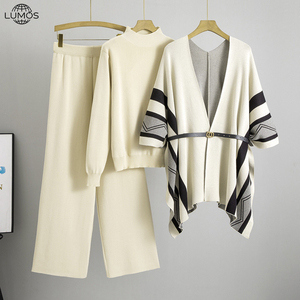Conjunto <span class=keywords><strong>de</strong></span> 3 Piezas <span class=keywords><strong>de</strong></span> Punto para <span class=keywords><strong>Mujer</strong></span>, Estilo Retro Otoño Invierno, Chal, Top <span class=keywords><strong>de</strong></span> Manga Larga con Cuello Alto, Pantalones Anchos, Talla Grande - Product Image 2