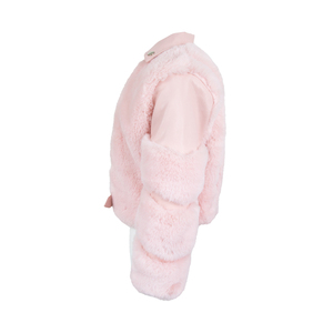 Giacca Corta <span class=keywords><strong>Rosa</strong></span> in Ecopelliccia per Bambine, Stile Moto con Colletto, Patchwork in Pelle PU, Chiusura a Cerniera, Cappotto Invernale Caldo per Bambini e Neonati, Abbigliamento Boutique - Product Image 4