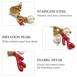 Boucles d'oreilles pendantes en forme de coquillage et de perle, en acier inoxydable, imitation perle, émail rouge, motif branche, bijoux à clous - Product Image 5