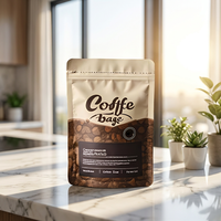Sachet de café en kraft personnalisé imprimé en gros, sac à fond plat refermable avec valve de dégazage et fermeture éclair à huit soudures latérales pour grains de café