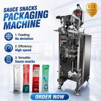 Máquina automática de llenado y sellado de bolsas tipo sachet para líquidos y pastas con esquinas redondeadas, para salsa, kétchup, chile y miel.
