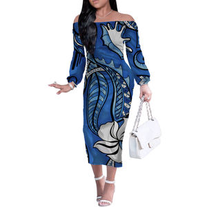 Robe longue de soirée violette pour <span class=keywords><strong>femme</strong></span>, style épaules dénudées, motif tribal <span class=keywords><strong>polynésien</strong></span> Hibiscus, manches longues, coupe moulante, grande taille - Product Image 4