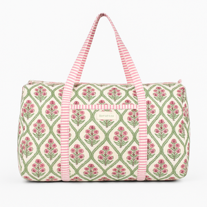 กระเป๋าทรงดัฟเฟิลกระเป๋าเดินทางความจุมากผ้าคอตตอนพิมพ์ลายดอกไม้สีเขียวสำหรับผู้หญิงสไตล์อินเดียทำมือดีไซน์ดอกไม้ - Product Image 1