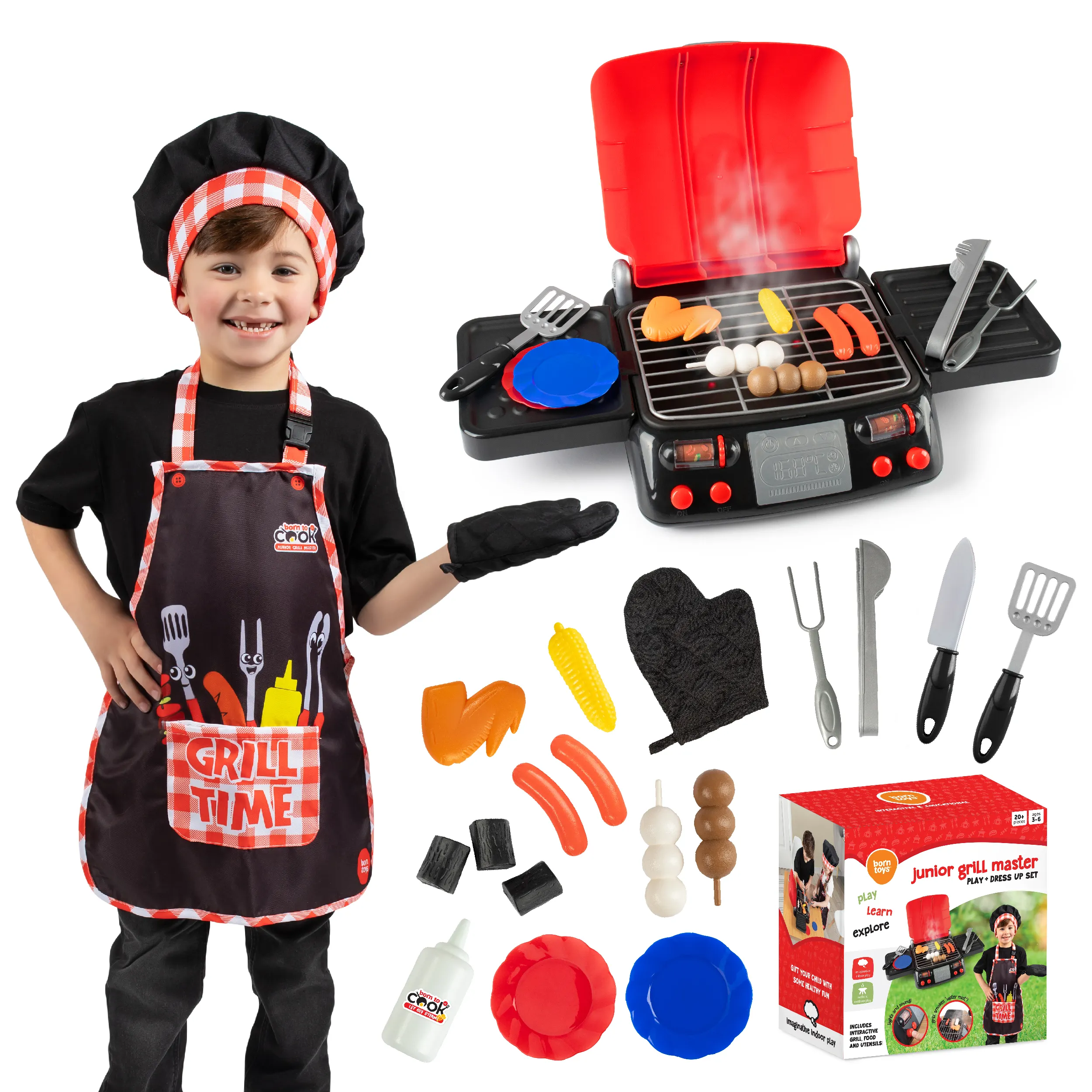 Çocuklar duman ses ve ışık ile MANGAL seti oyuncak, çocuklar mutfak barbekü çocuklar yaşları için önlük şapka ve eldiven ile set oyuncaklar oyna 3 +