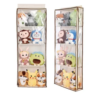 Folding hanging Over The Door Stuffed Animal Organizer with 5 Clear Dust-Proof Pocket Organizer for Display Kid's Toys