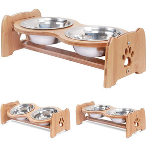 Bambu Duplo Levantado <span class=keywords><strong>Dog</strong></span> Food Bowl com Aço Inoxidável Stand Eco Pet Alimentador Drinking Bowl Ajustável Elevada <span class=keywords><strong>Dog</strong></span> Bowl - Product Image 1