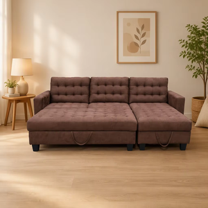 Sofá Seccional Moderno en Forma de L de Gamuza Marrón con Almacenamiento y Tela Ecológica para Sala de Estar - Product Image 3