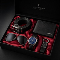 Individuelles Logo 5-teiliges Herren-Geschenkset mit Gürtel, Geldbörse, Sonnenbrille, Uhr und Schlüsselanhänger Luxuriöse Business-Geschenkbox