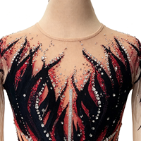 Costume de patinage artistique en spandex/nylon avec strass dégradé noir et rouge, manches longues, dos en V profond, robe de performance sur glace pour filles et enfants