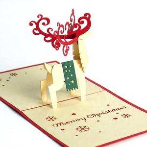 Carte de vœux rectangulaire 3D pop-up renne origami pour Noël et le Nouvel An, fabriquée au Vietnam, finition mate, impression offset - Product Image 1