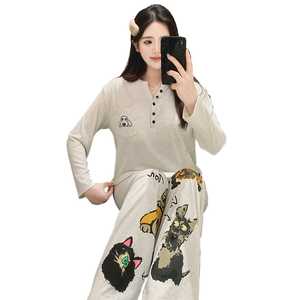 1202 #   Pijamas Blancos y Grises para Mujer - Temporada de Primavera, Algodón Colorido, Jersey Sencillo <span class=keywords><strong>con</strong></span> Cuello en V - Product Image 1