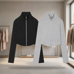 Manteau court zippé à col montant pour femme, couleur unie, manches longues, style minimaliste, décontracté, noir, gris - Product Image 4