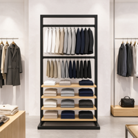 Portant à vêtements double niveau en fer noir avec 4 étagères en bois pour chemises et pantalons – Usage commercial