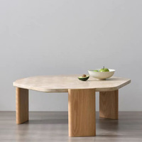 Table basse VBD style Wabi-Sabi en bois massif avec plateau en travertin, forme irrégulière, minimaliste, rétro, pour salon, meubles de maison, petite taille