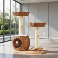 Arbre à chat pliant de luxe classique en bois d'hévéa de 80 cm, avec double perchoir moderne en osier, condo en rotin, jouet rotatif et griffoir en sisal