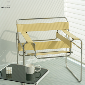 Ghế bành thiết kế giữa thế kỷ, khung thép không gỉ, ghế bành da trắng, ghế nghỉ ngơi, ghế trang trí bằng da bò - Product Image 4