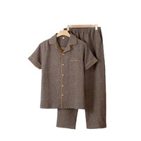 Pyjama d'été pour homme en gaze double couche jacquard teint en fil 100 % coton, respirant et confortable, à manches courtes, pour le printemps et l'automne