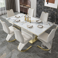 Ensemble de Table et Chaises Design Nordique Moderne en Acier Inoxydable et Cuir PU, 6 Places, Table de Salle à Manger Rectangulaire en Marbre pour Restaurant
