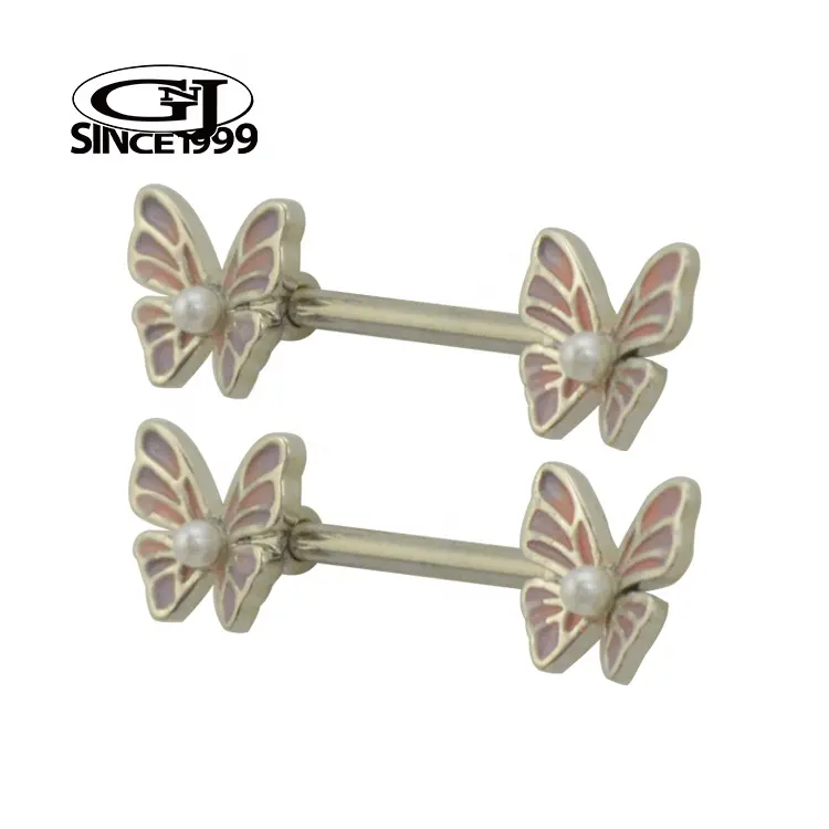Nipple Piercing Cute Fluttering Pink Butterfly with Small Pearl 316L Surgical Steel GNJ MANUFACTURING Body Jewelry Barbell