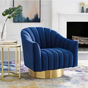 Canapé simple moderne de luxe en acier inoxydable doré avec base en tissu pour les loisirs Fauteuil de salon Fauteuil pivotant en velours bleu marine - Product Image 1