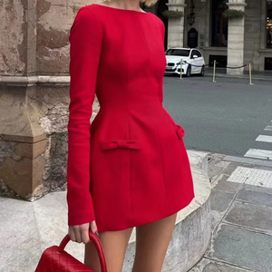 Nouvelle Robe Courte Rouge Rétro à Manches Longues avec Nœud pour Femme, Coupe Trapèze, Sexy et Élégante pour Soirées et Cérémonies - Product Image 1