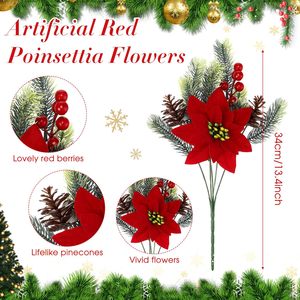 Ramo de Poinsettia Artificial con Agujas de Pino y Conos, Decoraciones Navideñas de Seda - Product Image 2