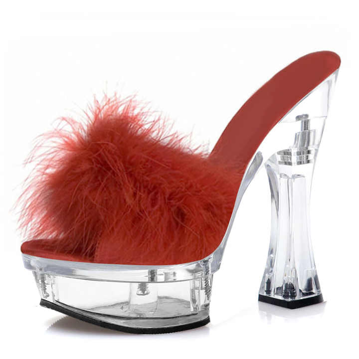 14cm Sexy Fetish Coarse Heel Fluff Slippers Peep Toe Party Models Platform Peep Toe Stripper Heels Women's Dress Crystal Bottom