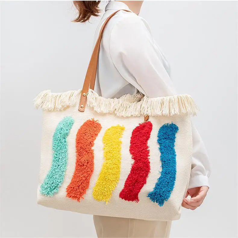 नई डिजाइन फैशन महिला कैनवास कंधे बैग बड़ी क्षमता चमड़े का हैंडल प्लग इंद्रधनुष टोटे बैग बैग