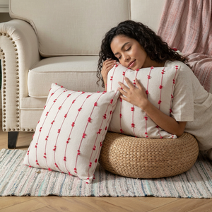 Bohemian Embroidered Cotton Throw Pillow Cover Square <b>White</b> with Red Stripes Washable Decorative Cushion for Home - Product Image 1