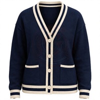 Cardigans en tricot bleu marine pour femmes, style universitaire grec, col en V, manches longues, style preppy, bordure contrastée, boutons sur le devant, pulls d'hiver