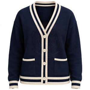 Greek university Women's <b>Navy</b> Blue Knitted <b>Cardigans</b> V-Neck Long Sleeve Preppy Style Contrast Trim Button Front winter sweaters - Product Image 1