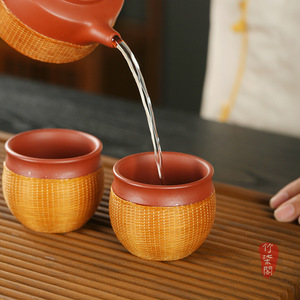 Yixing Purple Clay <b>Tea</b> Cup Round Bamboo Woven Single Cup Kung Fu <b>Tea</b> <b>Set</b> Afternoon <b>Tea</b> Traditional Chinese Style - Product Image 1
