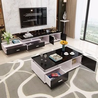 Ensemble Table Basse et Meuble TV Extensible Simple et Moderne en Acier Inoxydable et Verre, Économique, avec 2 Tiroirs et 2 Compartiments, Meubles de Maison