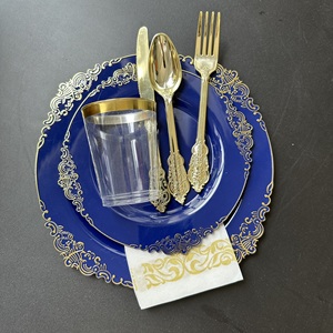 Ensemble de 25 assiettes de présentation <span class=keywords><strong>bleu</strong></span> <span class=keywords><strong>marine</strong></span> pour mariage, avec bordure argentée, en plastique, pour mariages, anniversaires, vaisselle élégante - Product Image 6