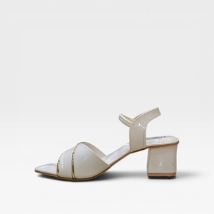 Elegant White Patent Block Heel <b>Sandals</b> Gold Trim Accent Straps Open Toe Slingback Party Wear Footwear for Women Chic - Product Image 4