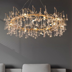 Lustre de salon en cristal et cuivre, LED doré, style post-moderne américain rétro, luxe français vintage, en forme de branche, goutte d'eau - Product Image 3