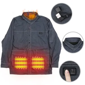 Plus Size Long Sleeve Button Up Denim Heat Shirt With Infrared Technology Heating