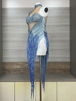 Robe à franges en strass bleu clair, une manche longue, asymétrique, illusion, pour spectacle de gala, costume de danseuse, drag queen, vente en gros
